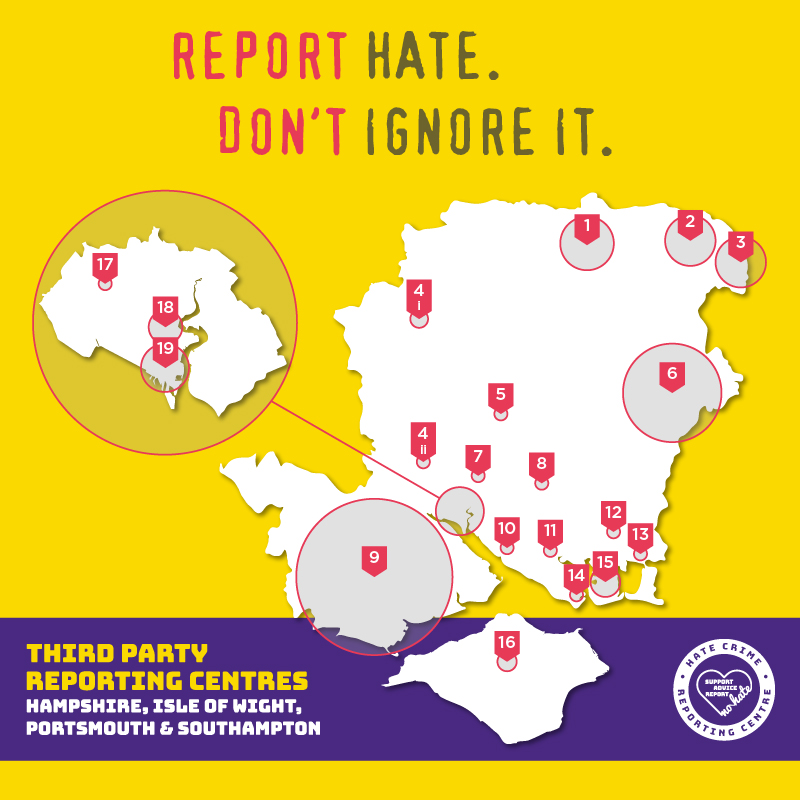 Map of third party hate crime reporting centres in Hampshire and the IOW. Correct as of October 2018
