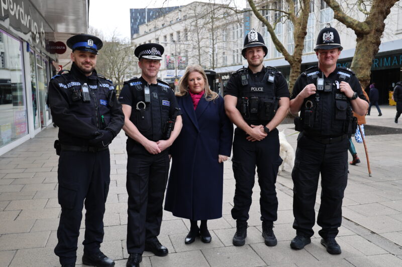 Chief Constable Scott Chilton and PCC Donna Jones with three officers from Portsmouth City Centre Unit