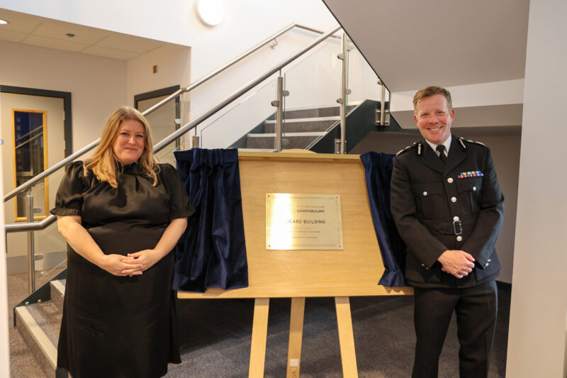 Police and Crime Commissioner Donna Jones and Chief Constable Scott Chilton unveiling a brass plaque