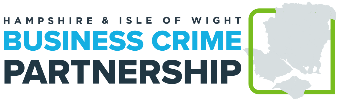 A logo for the Hampshire & Isle of Wight Business Crime Partnership. It features the words: "Hampshire & Isle of Wight Business Crime Partnership" and a map of Hampshire and the Isle of Wight intertwined with a Office of the Police and Crime Commissioner green square.